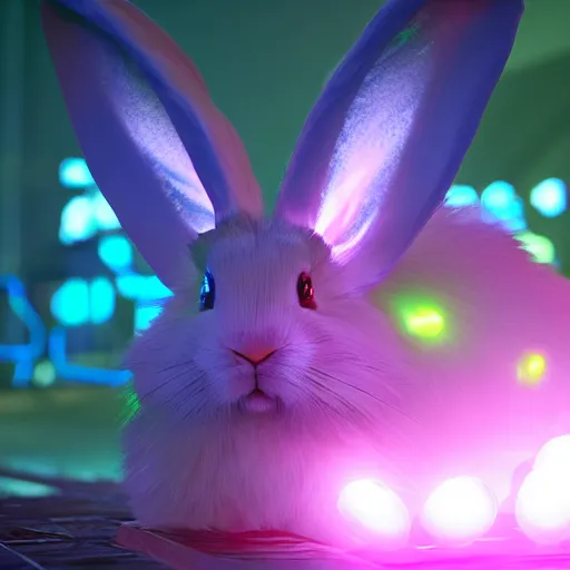 Image similar to neon fluorescent, iridescent cute bunny rabbits with fairy wings cyperpunk 2 0 7 7, unreal engine 5, 8 k ultra realistic, hyperdetailed, volumetric lighting, extremely high quality