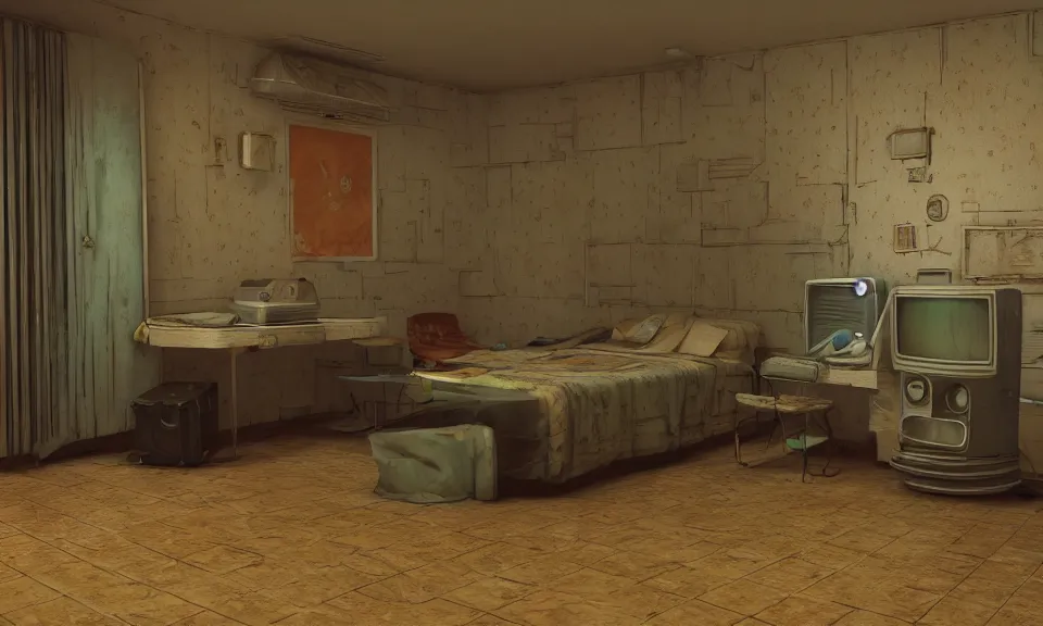 Image similar to artstation scifi scene of a shabby american room in 1 9 7 0 s, shabby room, old tv, tile floor, cabinets, cot, paneled walls, unreal engine 5, hyper realism, realistic shading, cinematic composition, blender render, octane render, hdr, detailed textures, photorealistic, wide shot