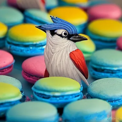 Image similar to A blue jay standing on a large basket of rainbow macarons.