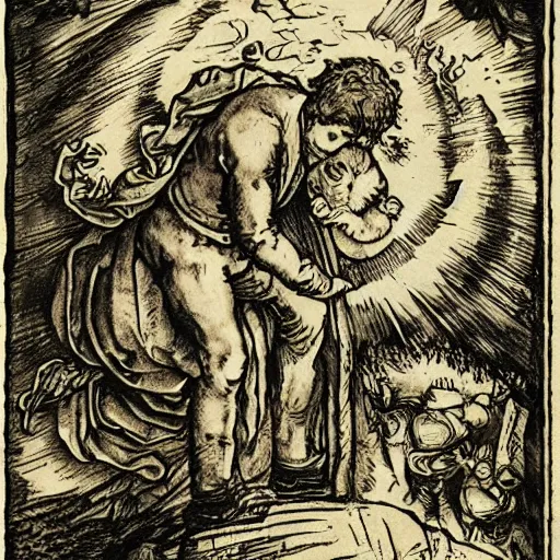 Prompt: Garfield falling from heaven after his banishment, dramatic lighting, woodcut, by Albrecht Durer, by Gustav Dore, trending on artstation