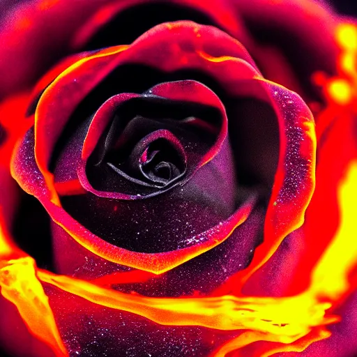 Image similar to award - winning macro of a beautiful black rose made of glowing molten magma