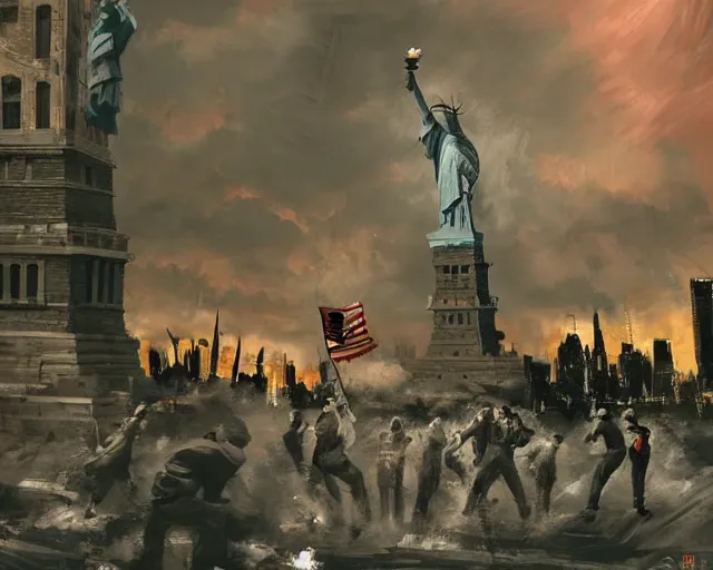 Prompt: giant Donald Trump boxing the Statue of Liberty fight in Manhattan, post apocalyptic New York, craig mullins, dramatic lighting, very detailed