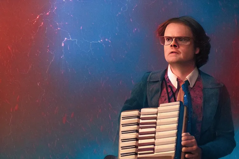 Prompt: dwight schrute playing the accordion aggressively, dramatic scene, heavy blue fog, red lightning strikes, ultra wide angle, movie still, photorealistic, stranger things, netflix, upside - down, colorful lighting, grainy, aerial shot, shot from above, movie still, monsters in background holding back