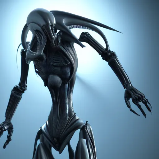 Image similar to futuristic xenomorph alien robot, highly detailed, photorealistic shot, bright studio setting, studio lighting, crisp quality and light reflections, unreal engine 5 quality render