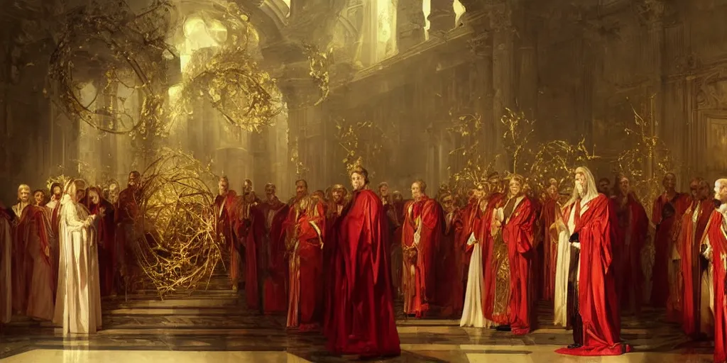 Image similar to beautiful oil matte portrait painting, steve buscemi in royal crimson robes enthroned as the god emperor of ancient rome surrounded by servants in gilded halls a golden wreath upon his head, by anders zorn, wonderful masterpiece by greg rutkowski, beautiful cinematic light, american romanticism, by thomas lawrence, greg rutkowski