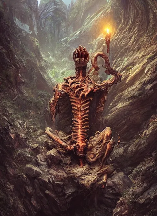 Prompt: hyper realistic photography of intricate horrific alien bone god sitting on ruined ornamented rock throne in a rocky cave detailed, greg rutkowski, ross tran, moebius, lovecraft, artstation, cgsociety