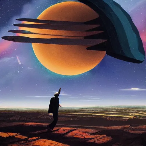 Prompt: a young thoughtful black man in a designer suit making a fingers tented gesture, on cosmic cloudscape with flying pyramids in the background, italian futurism, Dan Mumford, da vinci, Josan Gonzalez