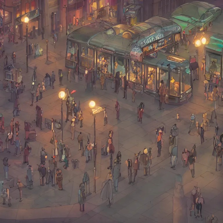 Image similar to few people waiting in a bus stop in dark city night, detailed, high quality, high resolution, screenshot from Zootopia