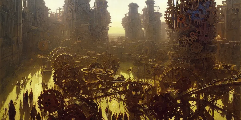 Image similar to giant interlocked gears clockwork, giant mechanisms, industry, villages castles, buildings vista artstation illustration sharp focus sunlit vista painted by ruan jia raymond swanland lawrence alma tadema zdzislaw beksinski norman rockwell tom lovell alex malveda greg staples