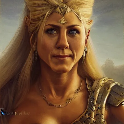 Image similar to the portrait of jennifer aniston as amazon warrior in an elegent dress by roberto ferri, fantasy, witcher, very detailed oil painting, masterpiece, 8 k, full face