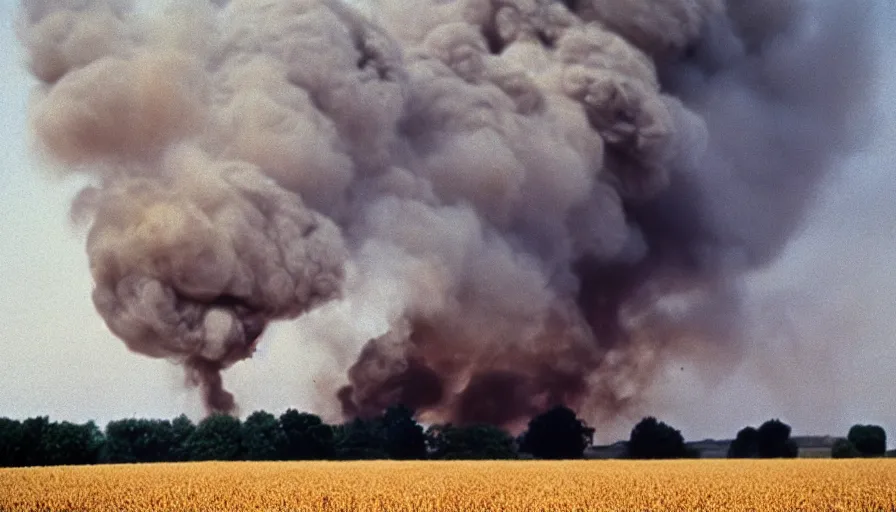 Prompt: 1 9 7 0 s movie still of a heavy burning house in a wheat field, cinestill 8 0 0 t 3 5 mm, high quality, heavy grain, high detail, texture, dramatic light, ultra wide lens, panoramic anamorphic, hyperrealistic