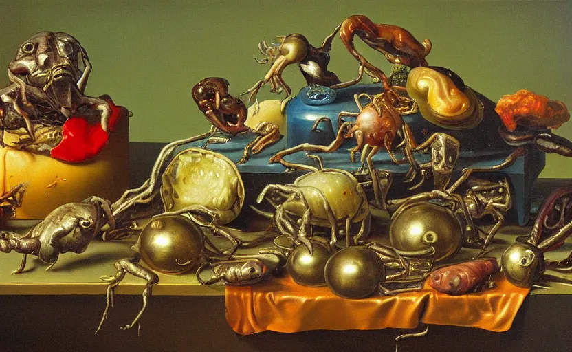 Prompt: strange full body, disturbing colorful oil painting dutch golden age vanitas still life sparse composition with bizarre objects strange gooey transparent surfaces shiny metal reflections bizarre mutant meat insects rachel ruysch dali todd schorr very detailed perfect composition rule of thirds masterpiece canon 5 0 mm, cinematic lighting, photography, retro, film, kodachrome