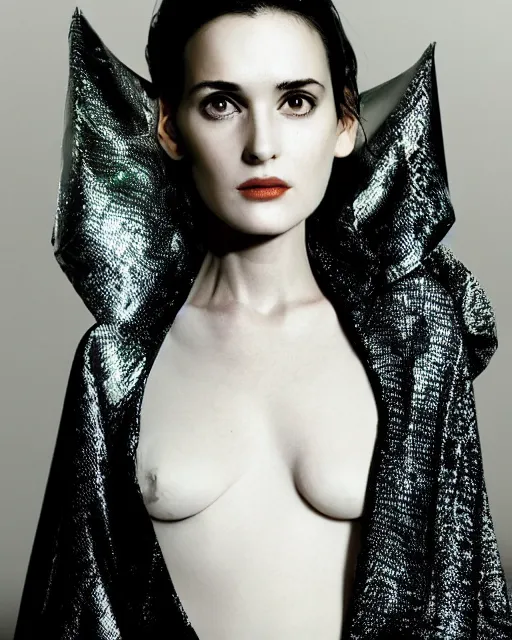 Prompt: young winona ryder wearing a futuristic metal kimono, half body portrait, greg kutkowski, sharp details, subsurface scattering, pearls of sweat, glistening skin, warm lighting