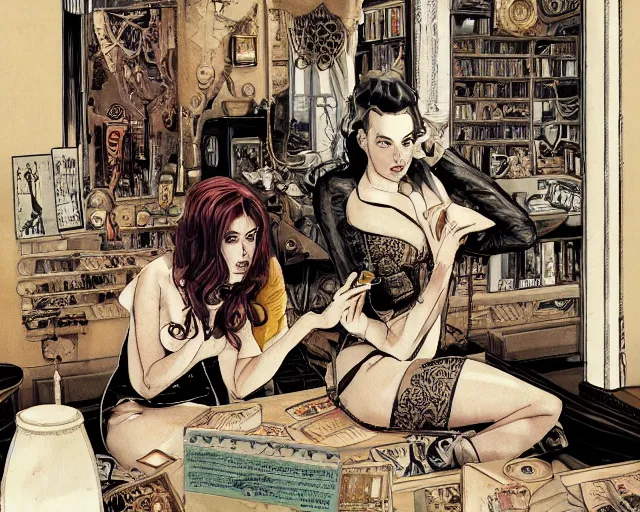 Prompt: women in the interior of a steampunk apartment, Milo Manara, night time, Margot Robbie, Scarlett Johanson, zoey Deschannel, smoking cigarettes, playing board games, highly detailed, Tarantino movie posters, melancholy, level design, concept art, artstation, cgsociety, zenith view H- 350