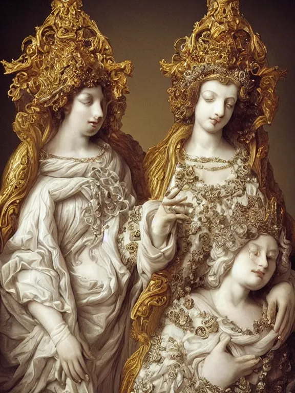 Prompt: a beautiful portrait render of two baroque catholic veiled queen sculpture with symmetry intricate detailed ,heart,pray,love,crystal-embellished,by Daveed Benito,LEdmund Leighton,Virginie Ropars,peter gric,aaron horkey,Billelis,trending on pinterest,hyperreal,gold,silver,ivory,maximalist,glittering,golden ratio,cinematic lighting
