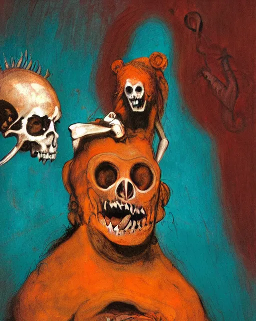 Prompt: dark fleshy red figure seated next to another dark angry figure laughing in a messy living room with crying children by Francisco Goya and Francis Bacon and Jamea Jean, vibrant teal background, mythological painting, oil painting, triadic color scheme, very coherent, Figure laughing seated on a throne made out of a bear skeleton inside interior room, Beksinski painting, masterpiece, artstation