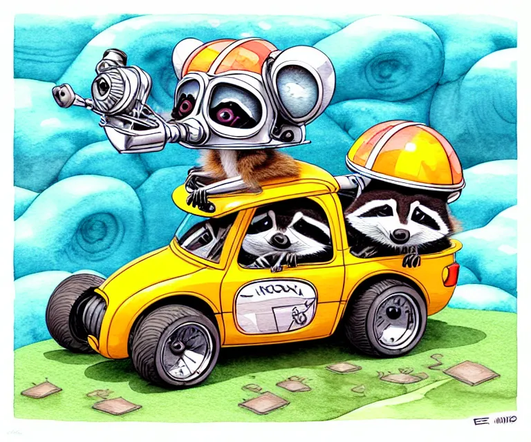 Prompt: cute and funny, baby racoon wearing a helmet riding in a tiny hot rod with oversized engine, ratfink style by ed roth, centered award winning watercolor pen illustration, isometric illustration by chihiro iwasaki, edited by range murata, tiny details by artgerm and watercolor girl, symmetrically isometrically centered