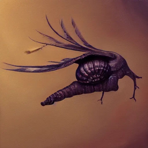 Image similar to snail with wings and feathers, in flight, oil painting, artstation, dramatic lighting, symmetry, beautiful