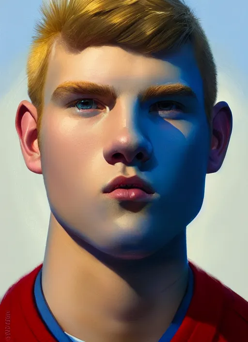 Image similar to portrait of high school senior boy named big moose, blonde short hair, jock, beefy, wide face, square jaw, square facial structure, blue varsity jacket with his name, intricate, elegant, glowing lights, highly detailed, digital painting, artstation, concept art, sharp focus, illustration, art by wlop, mars ravelo and greg rutkowski