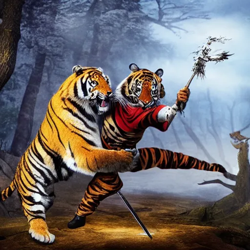 Prompt: A Wizard battling a Tiger, Photo Credit: National Geographic, digital art