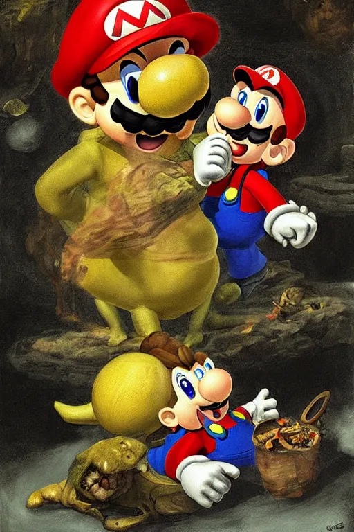 Image similar to mario and toad in the painting saturn devouring his son, digital art, nintendo style, goya, extremely detailed, grotesque