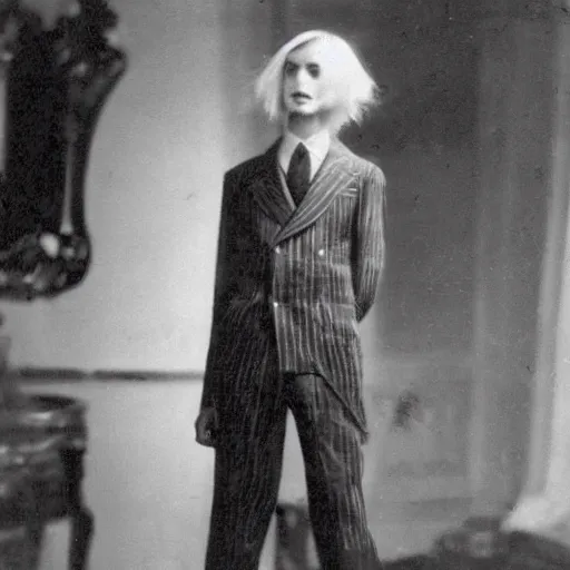 Image similar to 1930s porteait of a young anorexic man with very long hair and extravagant clothes