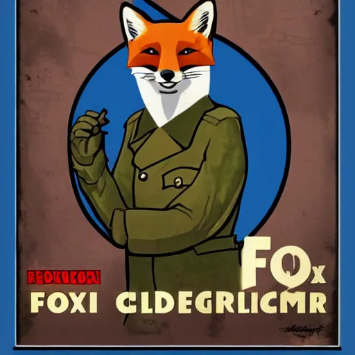 Image similar to fox animal dressed as a soldier in the style of a ww 2 propaganda poster