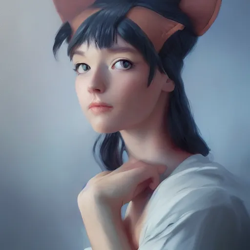 Image similar to woman with cat ears writing on a blackboard, oil painting, digital art, cat ears, by wlop, by artgerm, beautiful lighting, by rob rey, by greg rutkowski, trending on artstation