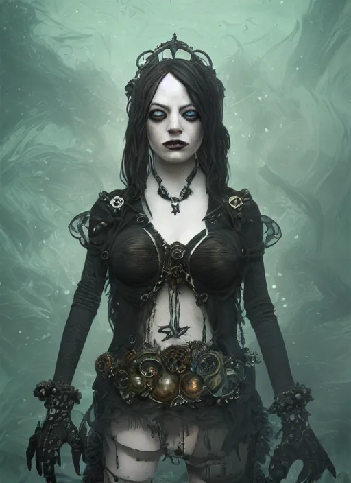 Prompt: dark underwater goth gothic steampunk portrait of emma stone, hyper detailed, digital art, cinematic lighting, studio quality, smooth render, unreal engine 5, octane rendered, art style by klimt and nixeu and ian sprigger and wlop and krenz cushart.