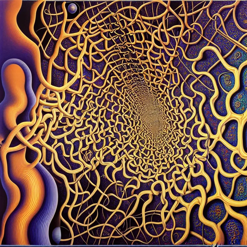 Image similar to infinite fractals of neurons, consciousness, recursion, surreal, by salvador dali and mc escher and alex grey, oil on canvas, hd, dreams, intricate details, warm colors