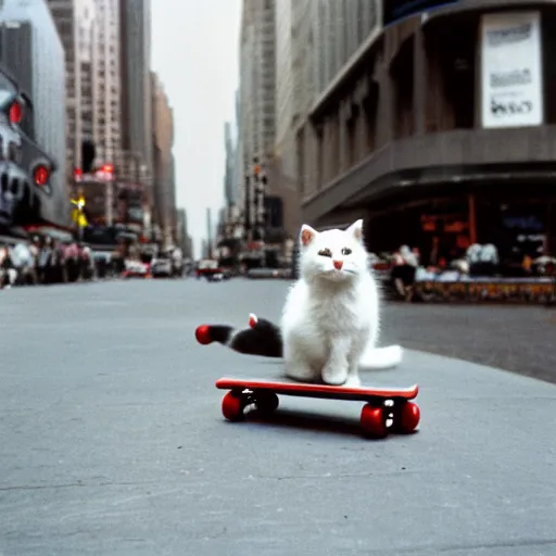 Prompt: leica s photograph, kodachrome film, subject is a white furry cat riding on a skateboard that is rolling down broadway in nyc