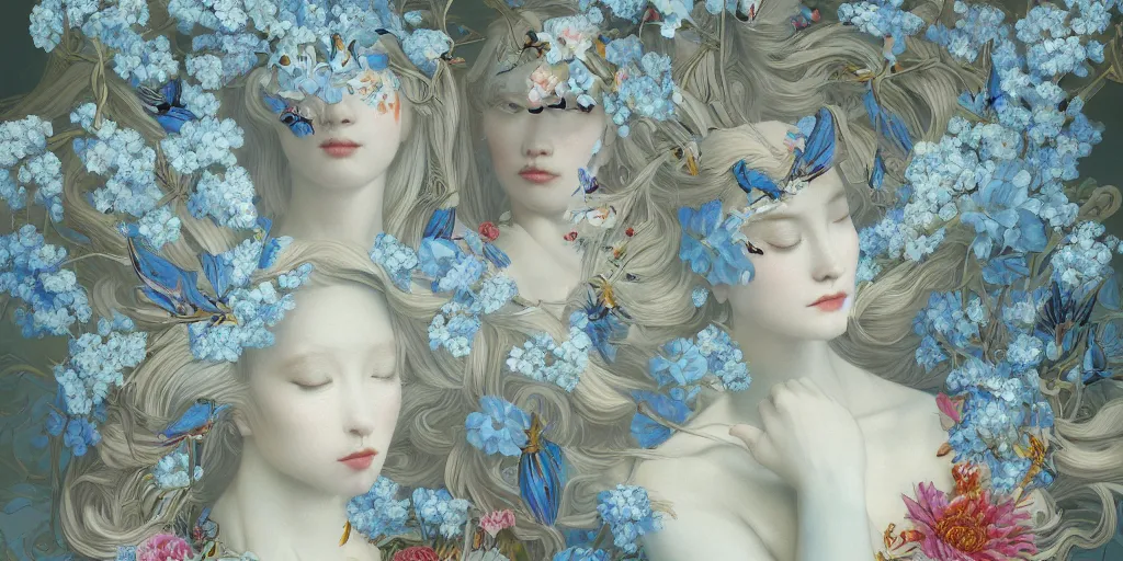 Image similar to breathtaking detailed concept art painting art deco pattern of blonde faces goddesses amalmation light - blue flowers with anxious piercing eyes and blend of flowers and birds, by hsiao - ron cheng and john james audubon, bizarre compositions, exquisite detail, extremely moody lighting, 8 k