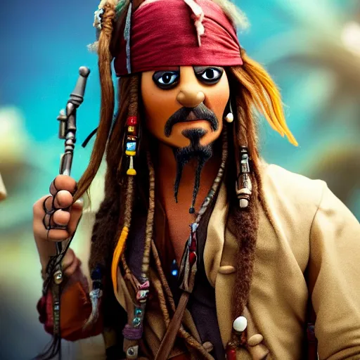 Image similar to A still of Jack Sparrow as a muppet, 4k, photograph, artstation, trending, award winning, epic lighting, featured