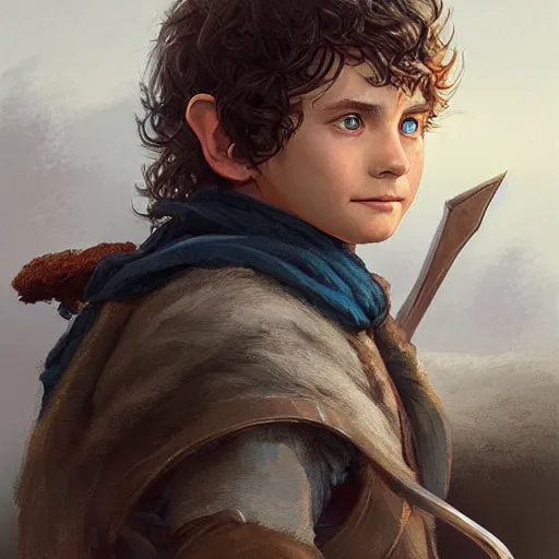 Prompt: masterpiece portrait of a young RPG hobbit, D&D, fantasy, highly detailed, digital painting, sharp focus, illustration, art by artgerm and Edmiston and greg rutkowski and magali villeneuve