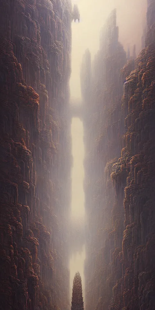 Image similar to landscape, infinite fractal column of stone, cyberpunk, sci fi, horror, monstrous, jewellery, highly detailed, complex, intricate, baroque, matte painting, cinematic, by rhads and mohrbacher and zdzislaw beksinski,