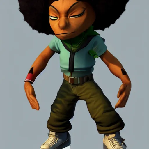 Image similar to 3 d video game, character art render, riley freeman from the boondocks, brown skin, octane render, high definition, full body, character art