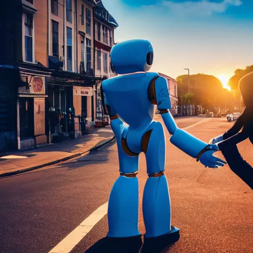 Image similar to a calming photograph of a tall, slender, humanoid robot caresses a beautiful woman in the face, large shot, wide shot, in a street, sunset photo