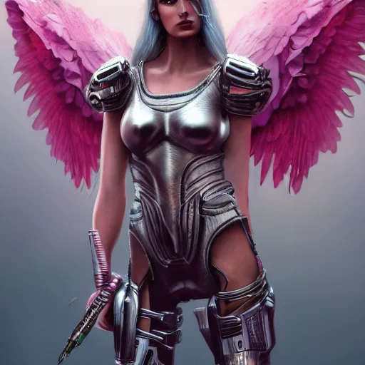 Prompt: cyberpunk valkyrie woman with wings made of metal and pink and silver armor, flowing hair, cityscape, protesting signs, fighting, artstation, realistic, high detail digital painting, artstation, style of Julia Razumova,