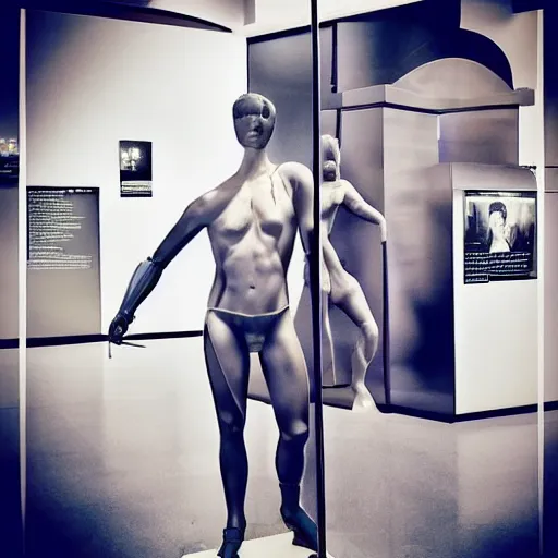 Image similar to “a realistic detailed photo of a guy who is an attractive humanoid who is half robot and half humanoid, who is a male android, British diver Jack Laugher & Chris Mears, shiny skin, posing like a statue, blank stare, at the museum, on display”