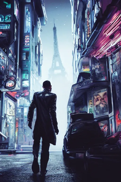 Image similar to in the foreground a Parisian street, in the background a dark-haired man from behind playing with swirls of black energy coming out of his hands wearing a long matrix-style jacket, realistic, high definition, many details, dramatic scene, detailed hands and realistic, symmetrical face, realistic eyes, cyberpunk art 2077