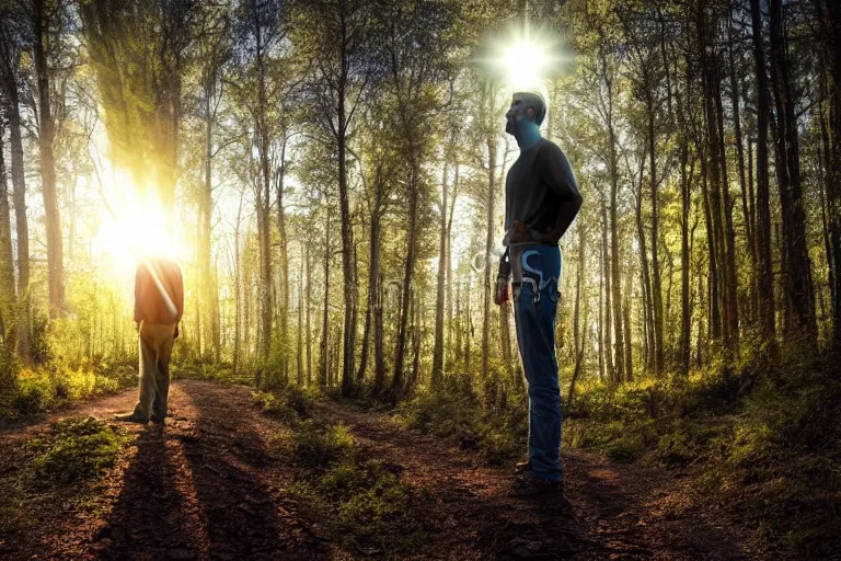 Image similar to a man standing on a dirt road in the woods, a stock photo by gregorius sickinger, pixabay contest winner, primitivism, rendered in maya, anamorphic lens flare, dark