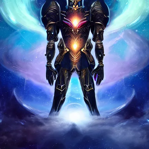 Image similar to photorealistic fantasy cosmic concept art of a cosmic god with armor made out of planets and dark matter, hovering in a unknown galaxy, fully body portrait, cinematic, dynamic lighting, ultra detailed, creative, trending on art station, stunning visuals, creative