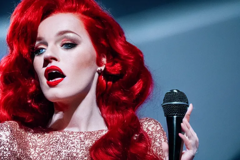 Image similar to movie scene portrait closeup, red hair, red sequin dress, real life jessica rabbit singing beautifully on stage, stage lighting by emmanuel lubezki