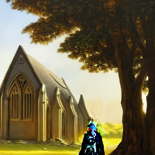 Image similar to a detailed oil painting of darth vader leaving a quaint norman flint church, english, churchyard, trees, golden hour, isometric
