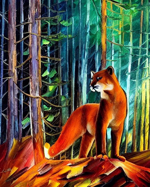 Image similar to cougar in forest at night, shot from drone, grainy, photo by leonid afremov, polaroid