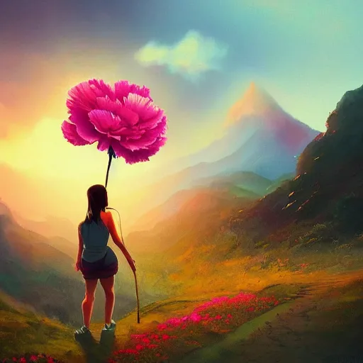 Image similar to giant carnation flower as a head, girl hiking in the mountains, surreal photography, sunrise, dramatic light, impressionist painting, colorful clouds, digital painting, artstation, simon stalenhag