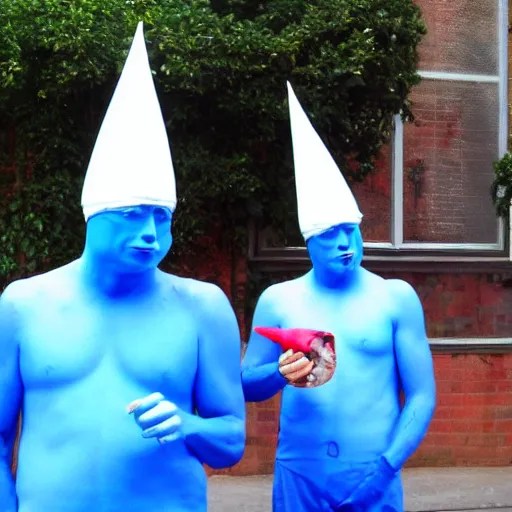 Image similar to surrealist conehead blue man group street performers photography