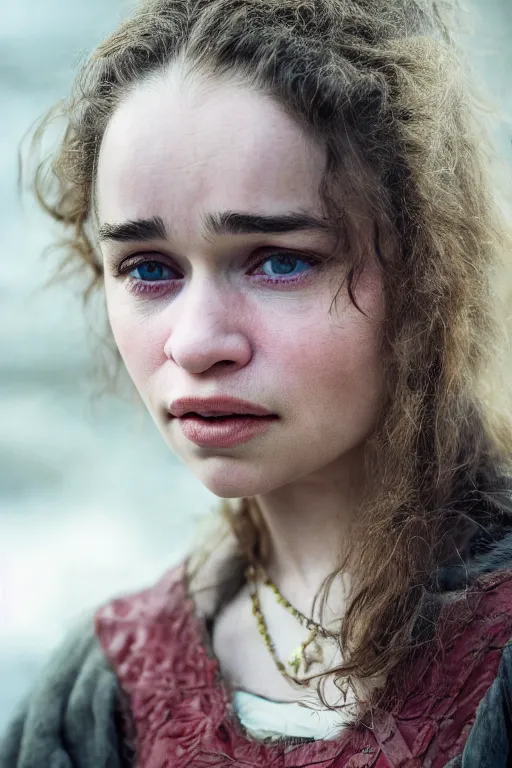 Prompt: Photo of Native Russian woman Emilia Clarke, portrait, skilled homeless, realistic, detailed, Emilia Clarke, photorealistick, Sony A7R