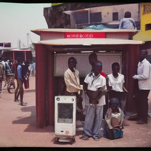 Prompt: old polaroids of futuristic african bus stops with informal sellers and digital screens, big crowd, robotic police guards watch over the crowd