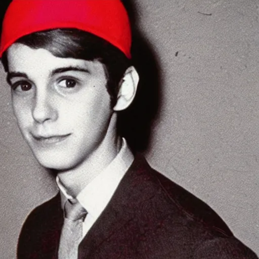 Image similar to a yearbook photo of Jughead Jones in 1966, he is wearing a felt hat shaped exactly like a crown with four points on his head